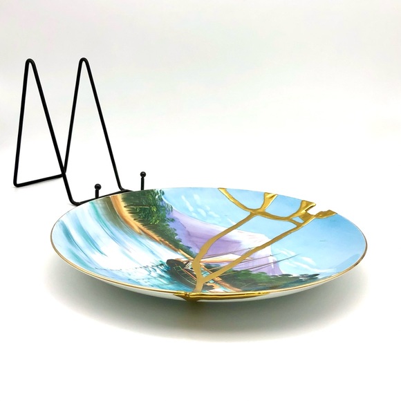 Kintsugi Plate Japanese Hand Painted Landscape Sailboat Gold Crack Growth Gift - Picture 10 of 12